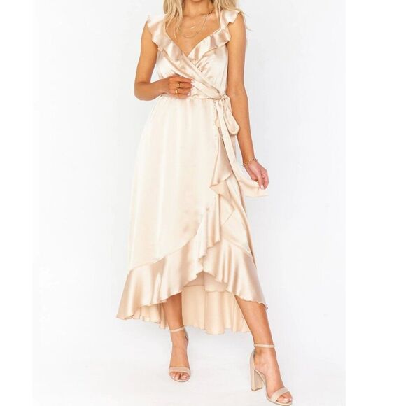 Show Me Your Mumu Samantha Ruffle Wrap Midi Dress Champagne Luxe Satin M - Picture 1 of 9